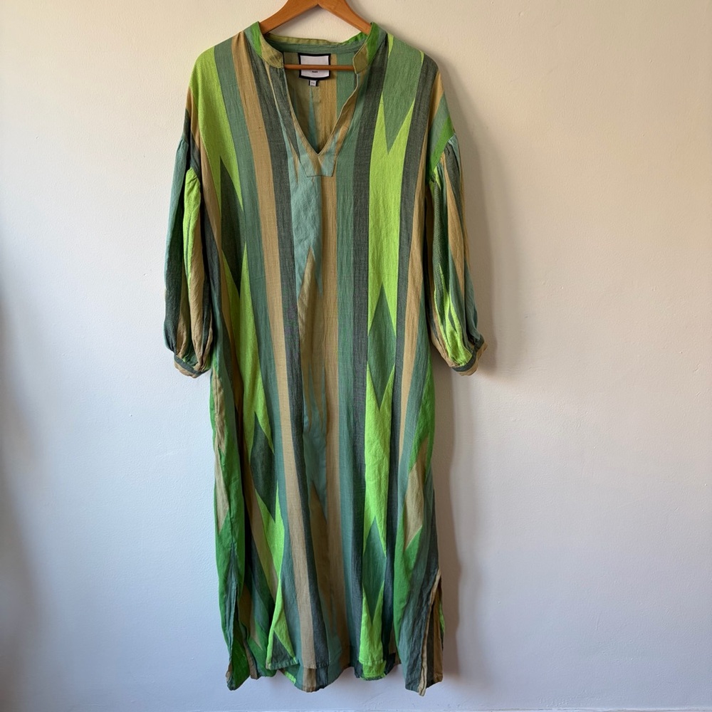 Gold & Silver 100% Cottton Green V-Neck Kaftan Maxi Shift Dress